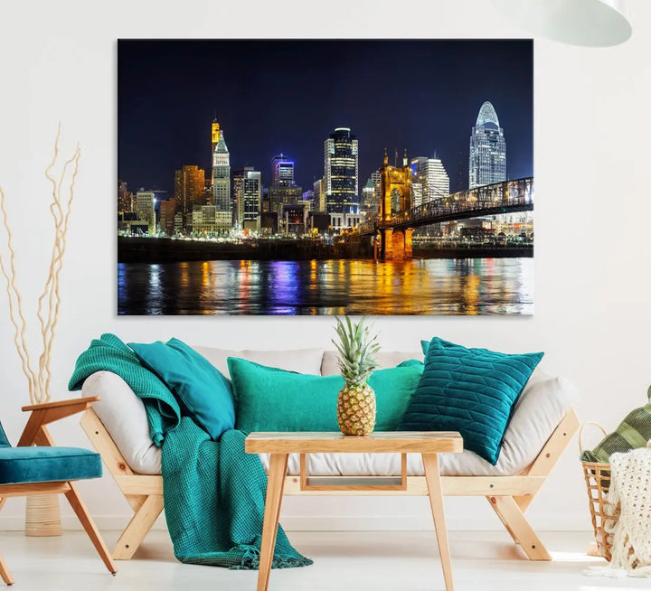 Cincinnati Night Blue Skyline Art Cityscape Canvas Print Living Room Decor