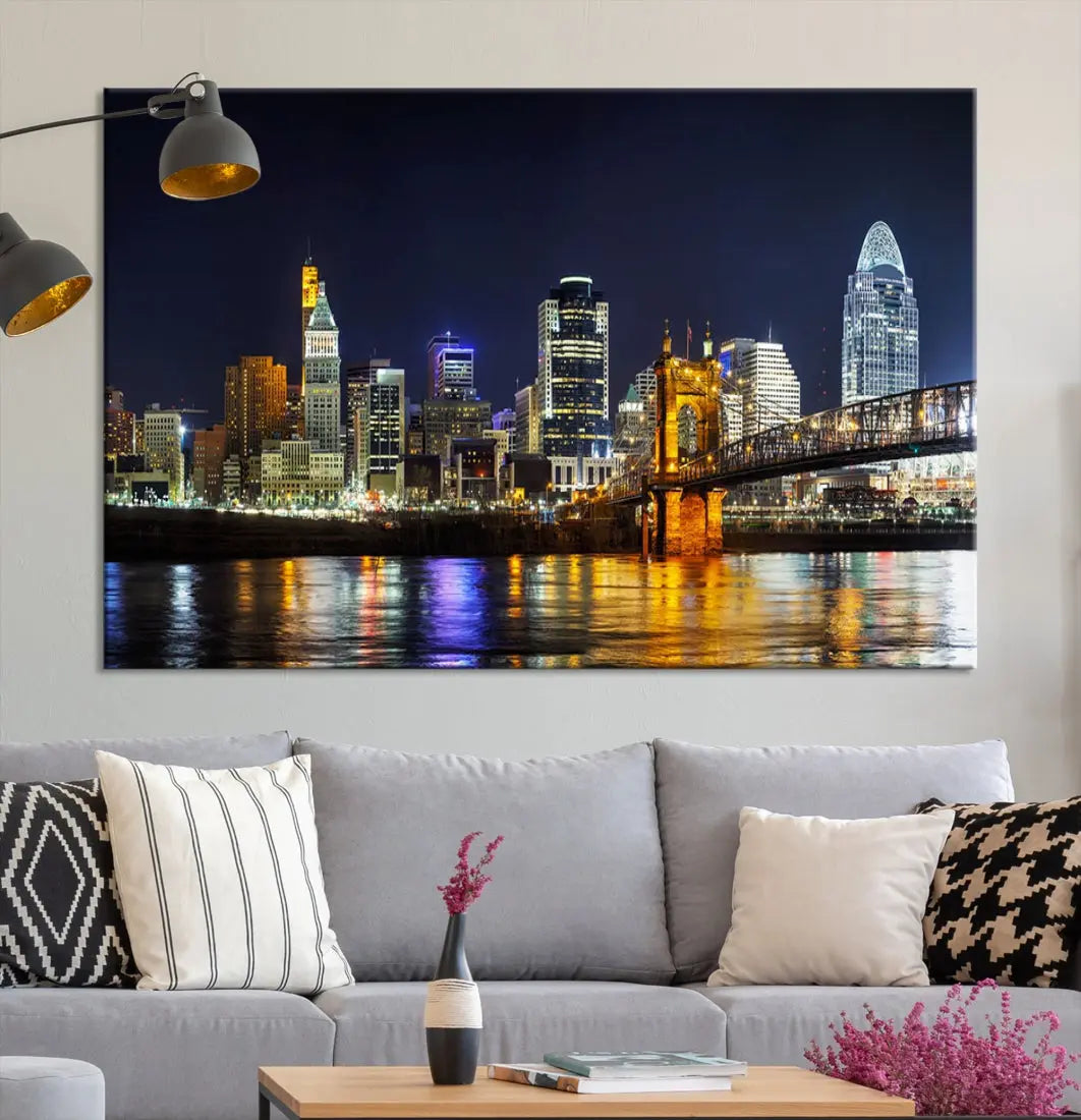 Cincinnati Night Blue Skyline Art Cityscape Canvas Print Living Room Decor