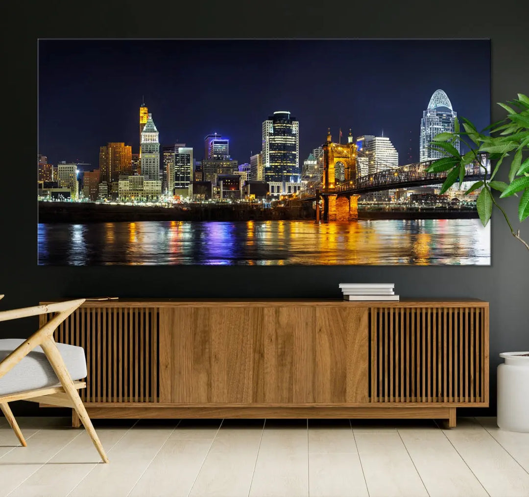 Cincinnati Night Blue Skyline Art Cityscape Canvas Print Living Room Decor