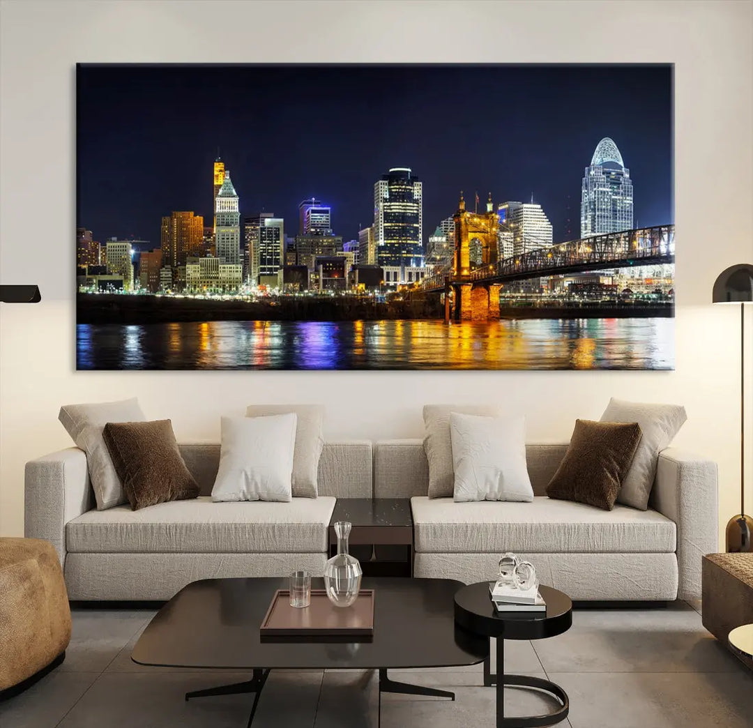 Cincinnati Night Blue Skyline Art Cityscape Canvas Print Living Room Decor