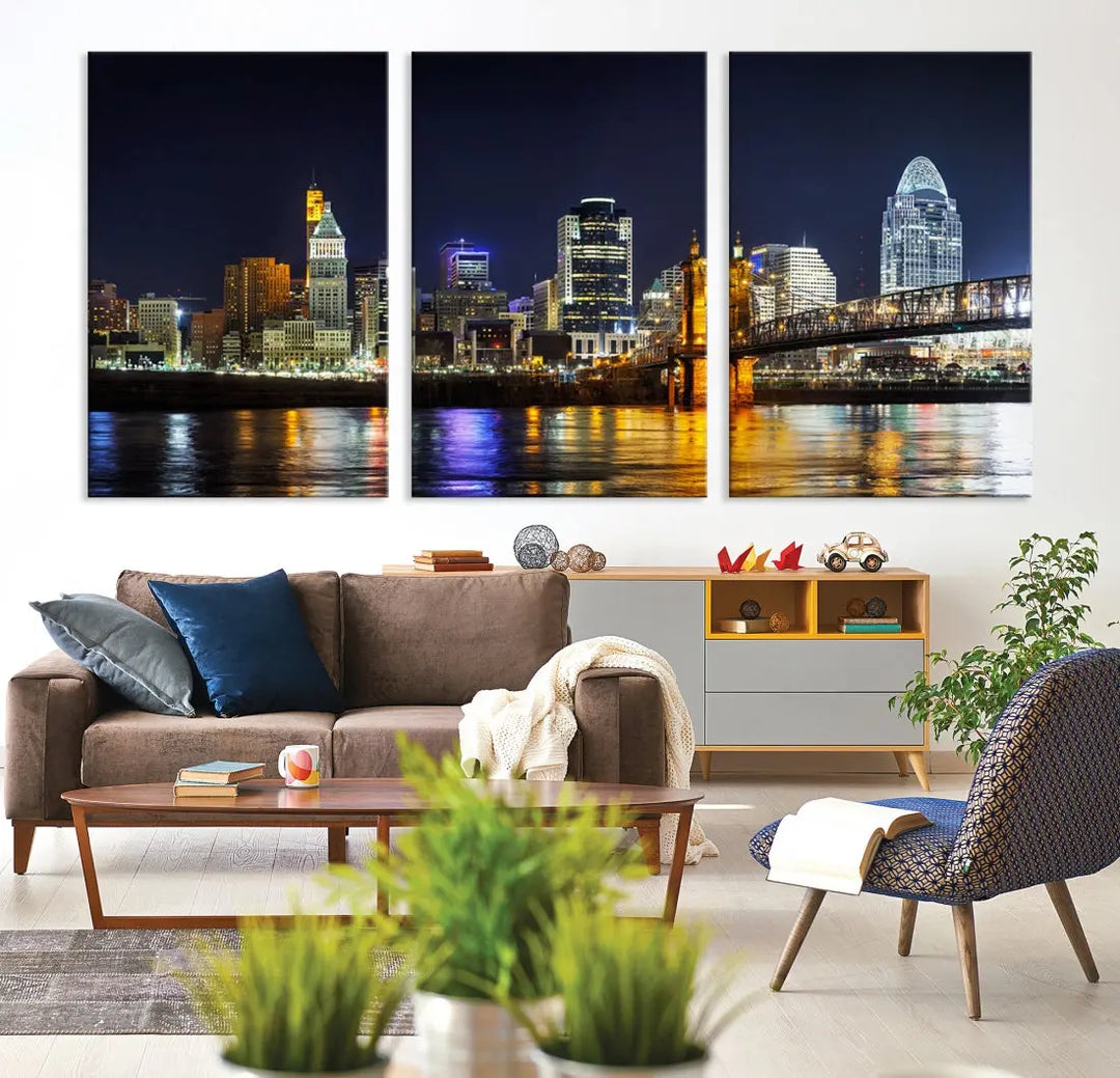 Cincinnati Night Blue Skyline Art Cityscape Canvas Print Living Room Decor