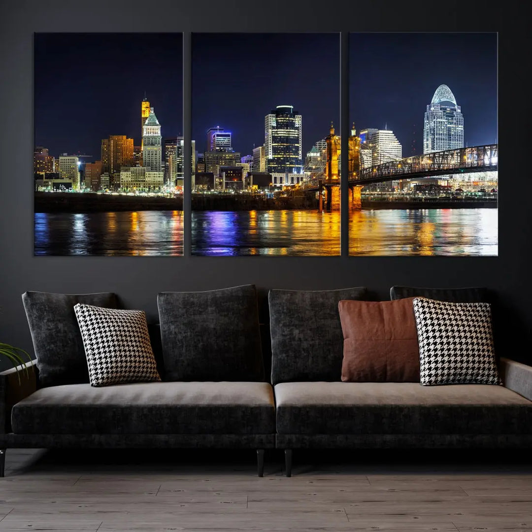 Cincinnati Night Blue Skyline Art Cityscape Canvas Print Living Room Decor