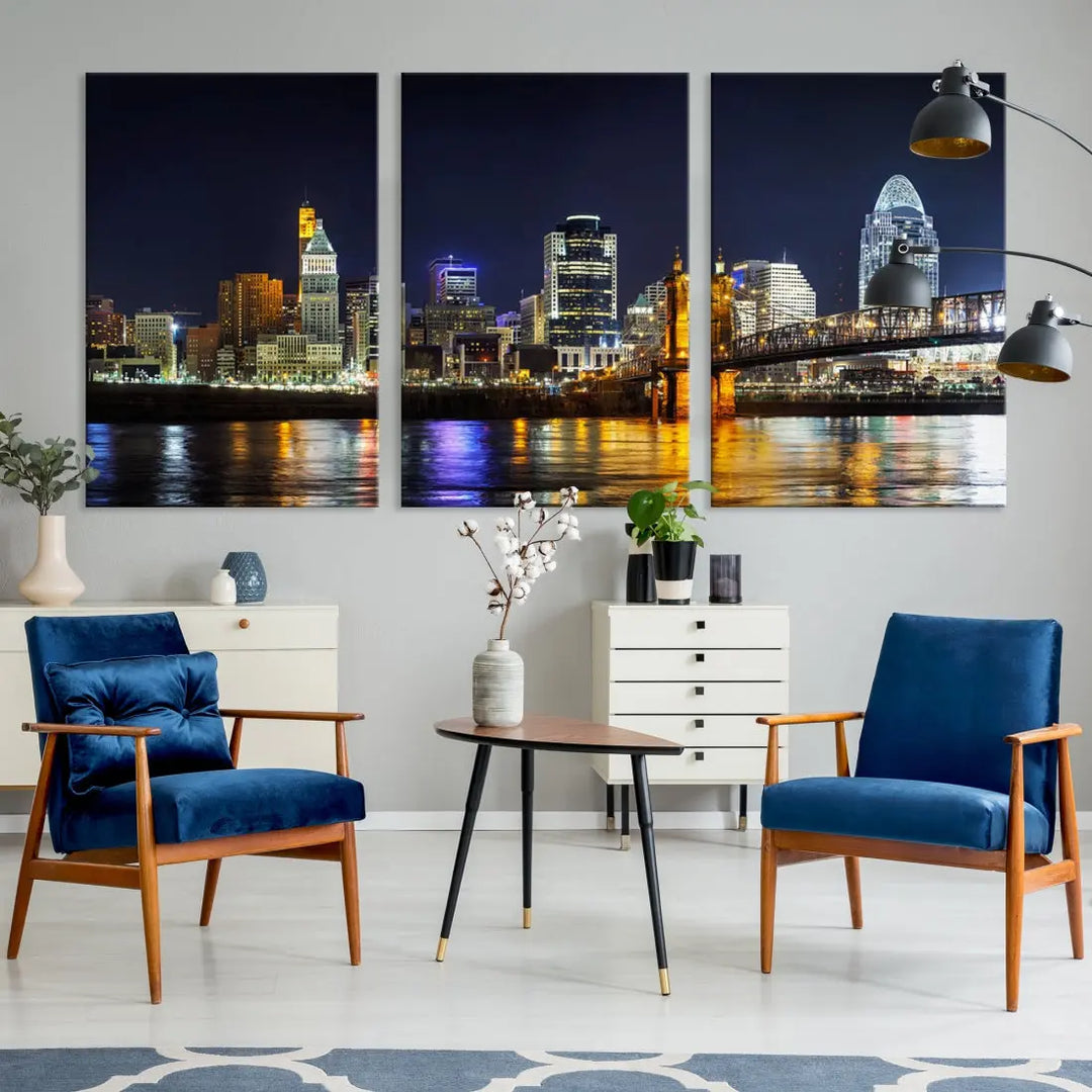 Cincinnati Night Blue Skyline Art Cityscape Canvas Print Living Room Decor