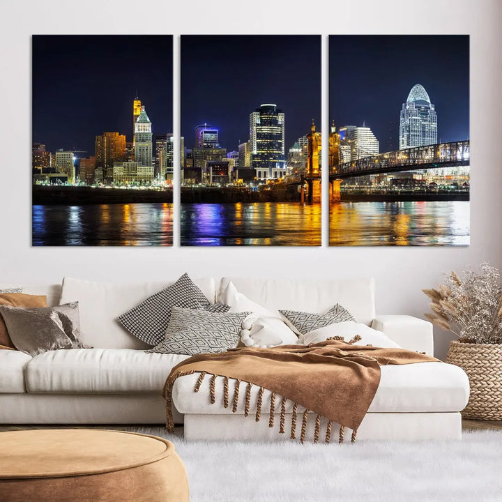 Cincinnati Night Blue Skyline Art Cityscape Canvas Print Living Room Decor