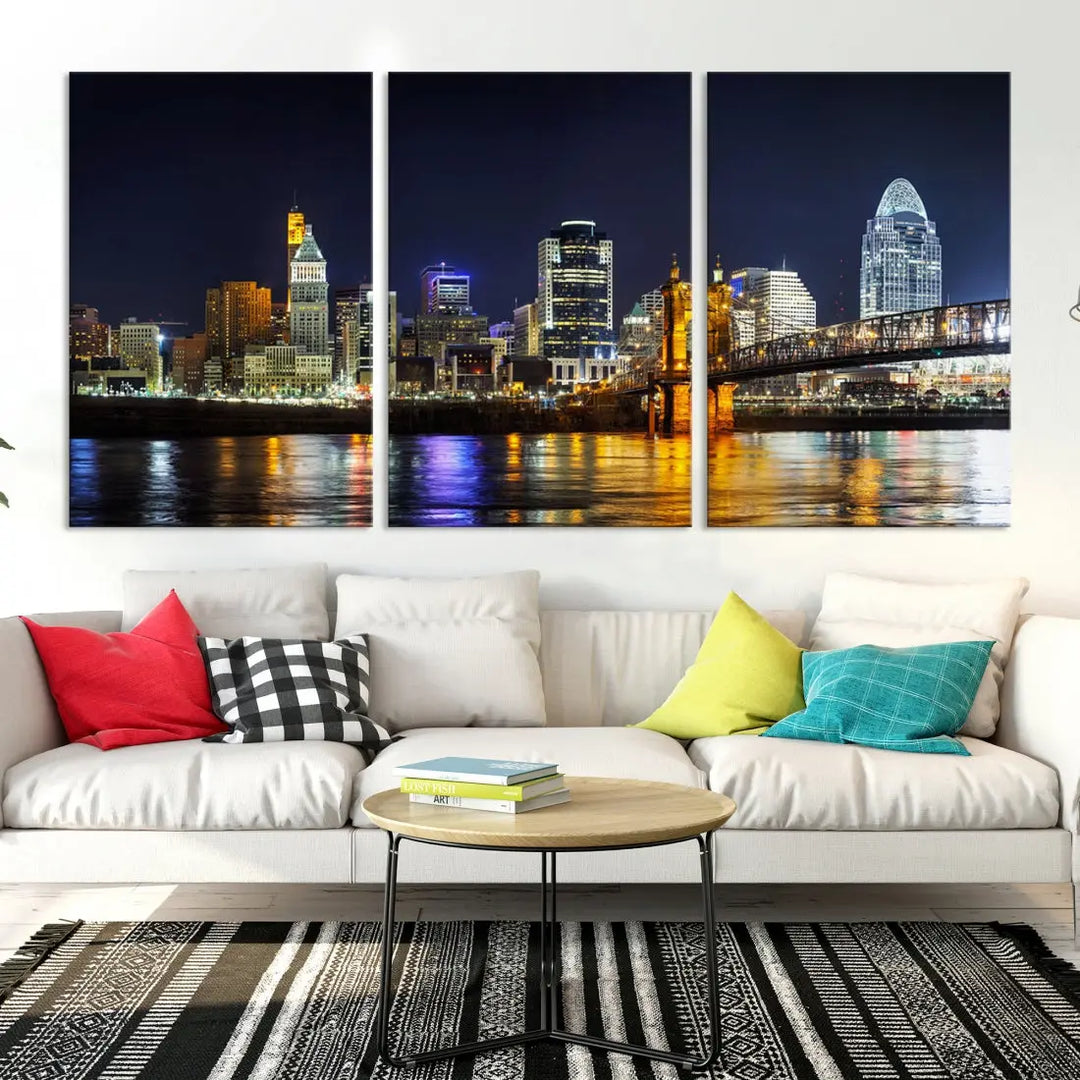 Cincinnati Night Blue Skyline Art Cityscape Canvas Print Living Room Decor