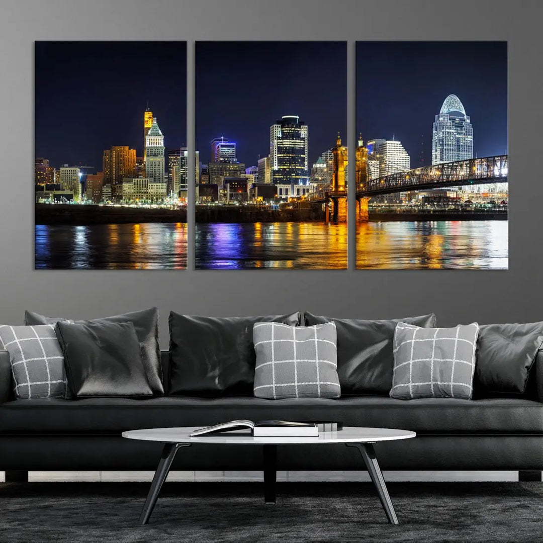 Cincinnati Night Blue Skyline Art Cityscape Canvas Print Living Room Decor