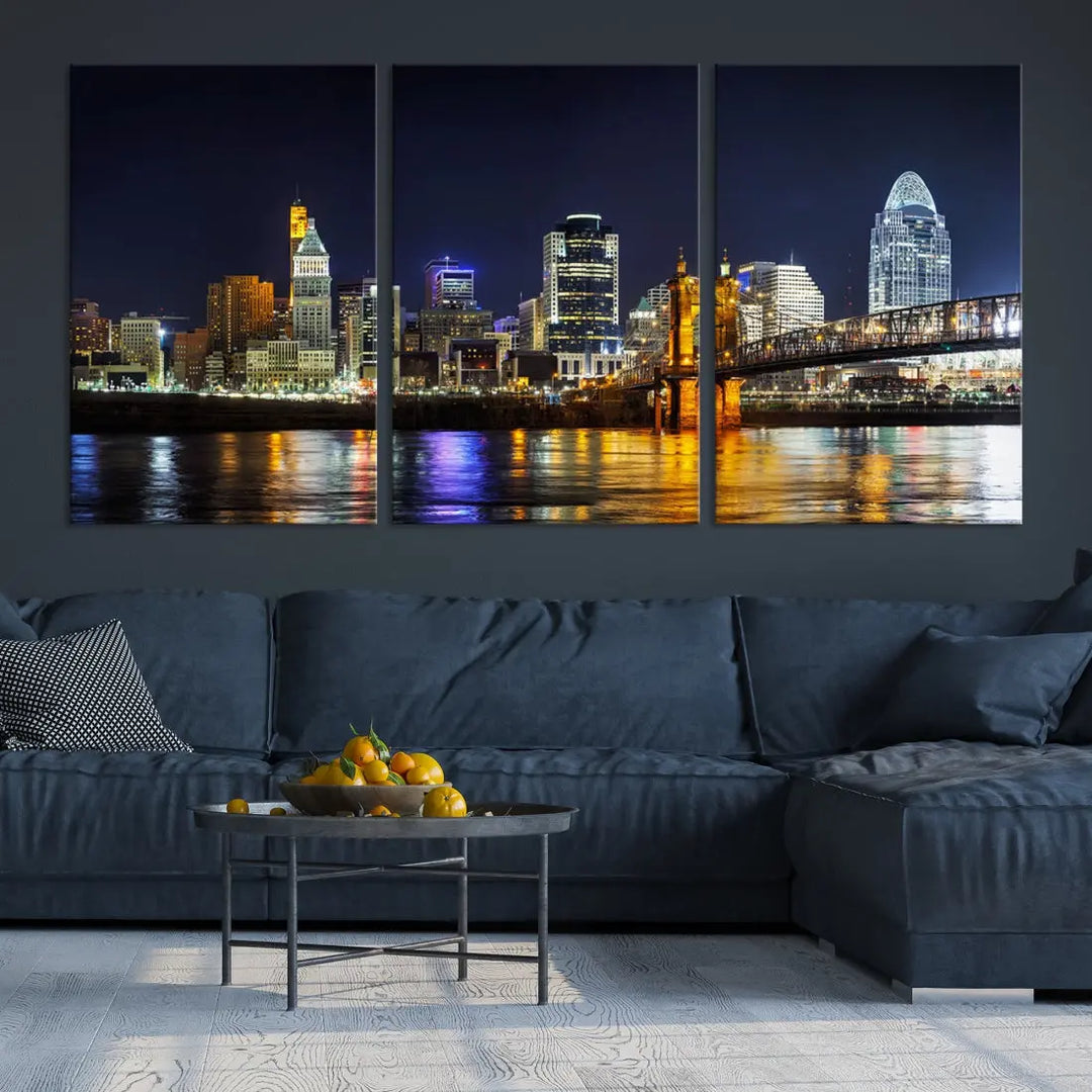 Cincinnati Night Blue Skyline Art Cityscape Canvas Print Living Room Decor