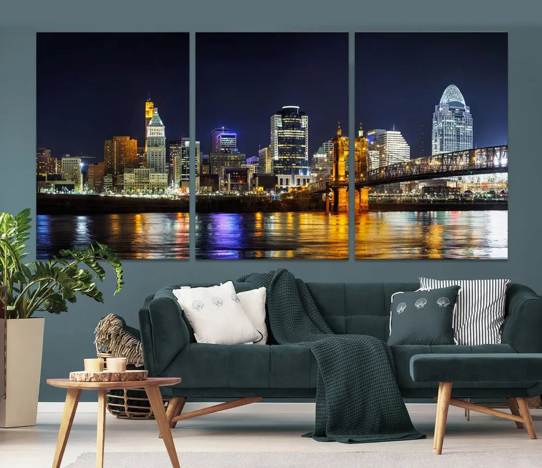 Cincinnati Night Blue Skyline Art Cityscape Canvas Print Living Room Decor