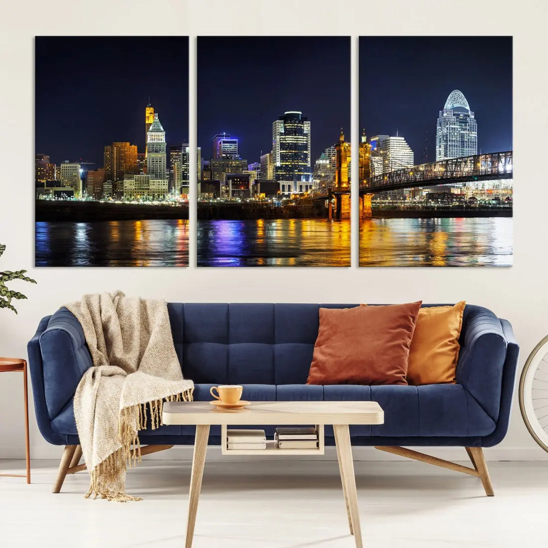 Cincinnati Night Blue Skyline Art Cityscape Canvas Print Living Room Decor