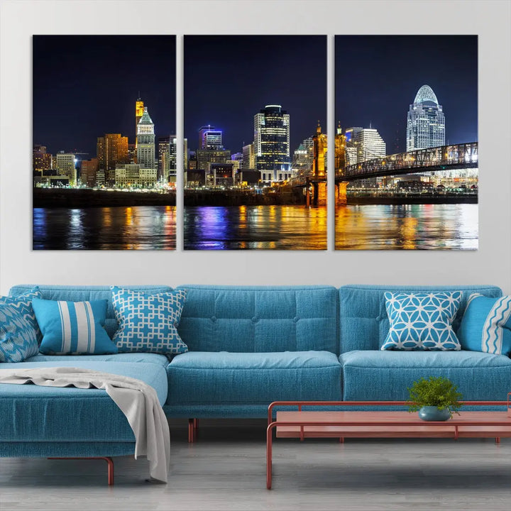 Cincinnati Night Blue Skyline Art Cityscape Canvas Print Living Room Decor