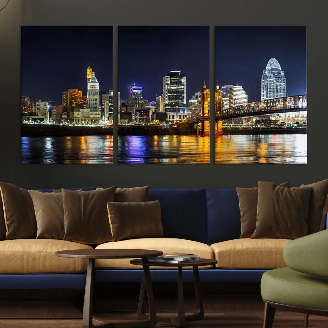 Cincinnati Night Blue Skyline Art Cityscape Canvas Print Living Room Decor