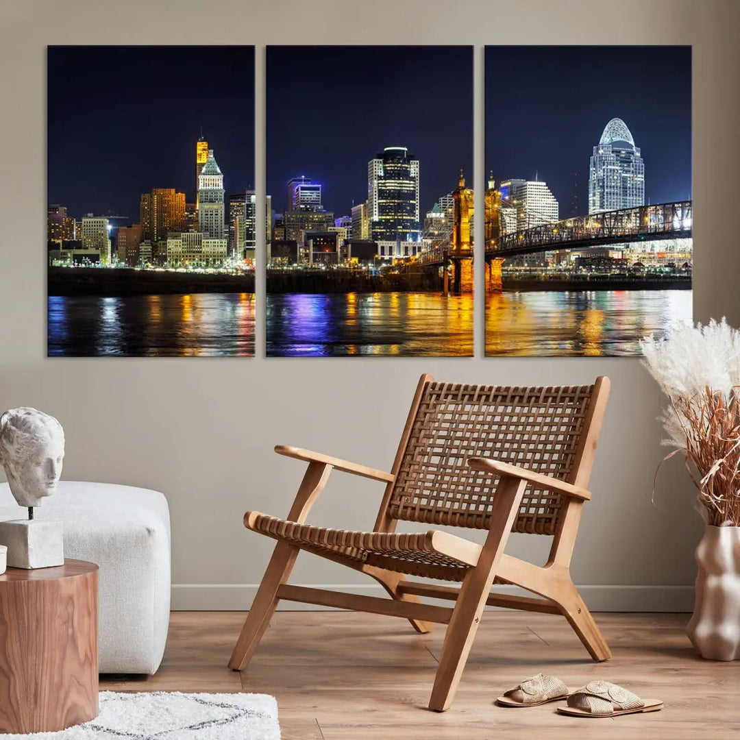 Cincinnati Night Blue Skyline Art Cityscape Canvas Print Living Room Decor