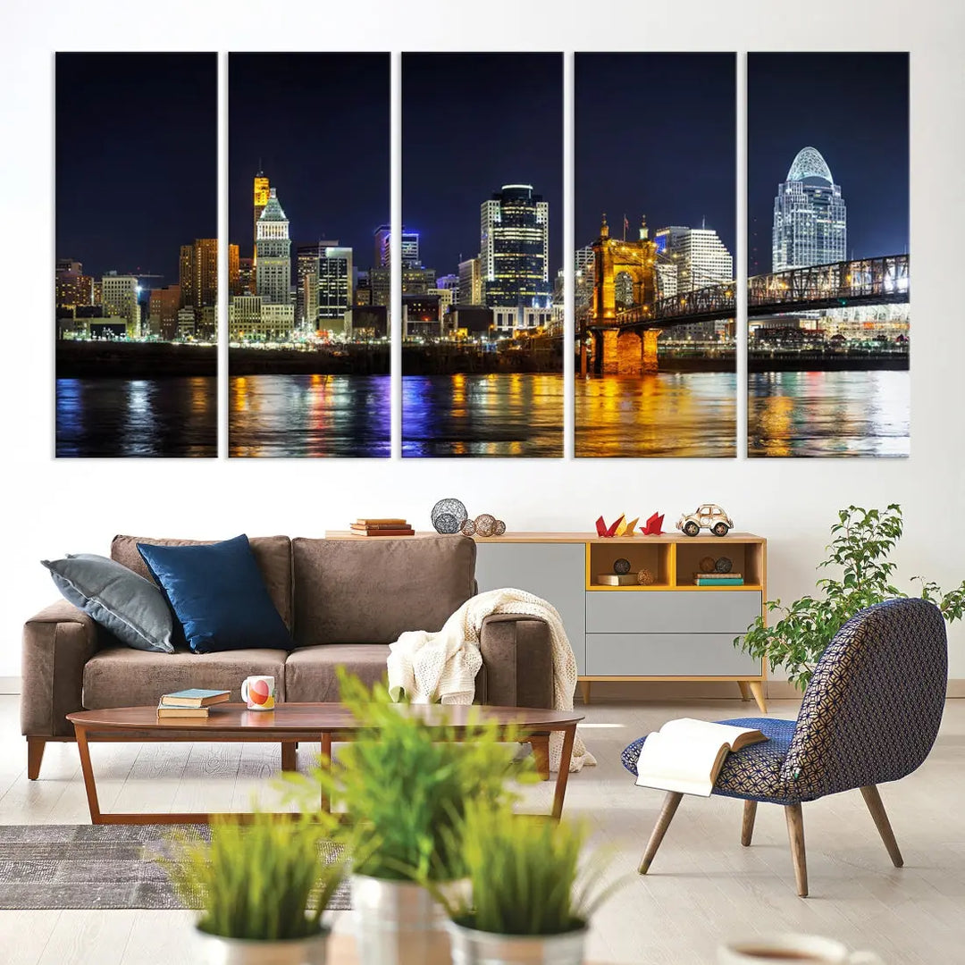 Cincinnati Night Blue Skyline Art Cityscape Canvas Print Living Room Decor