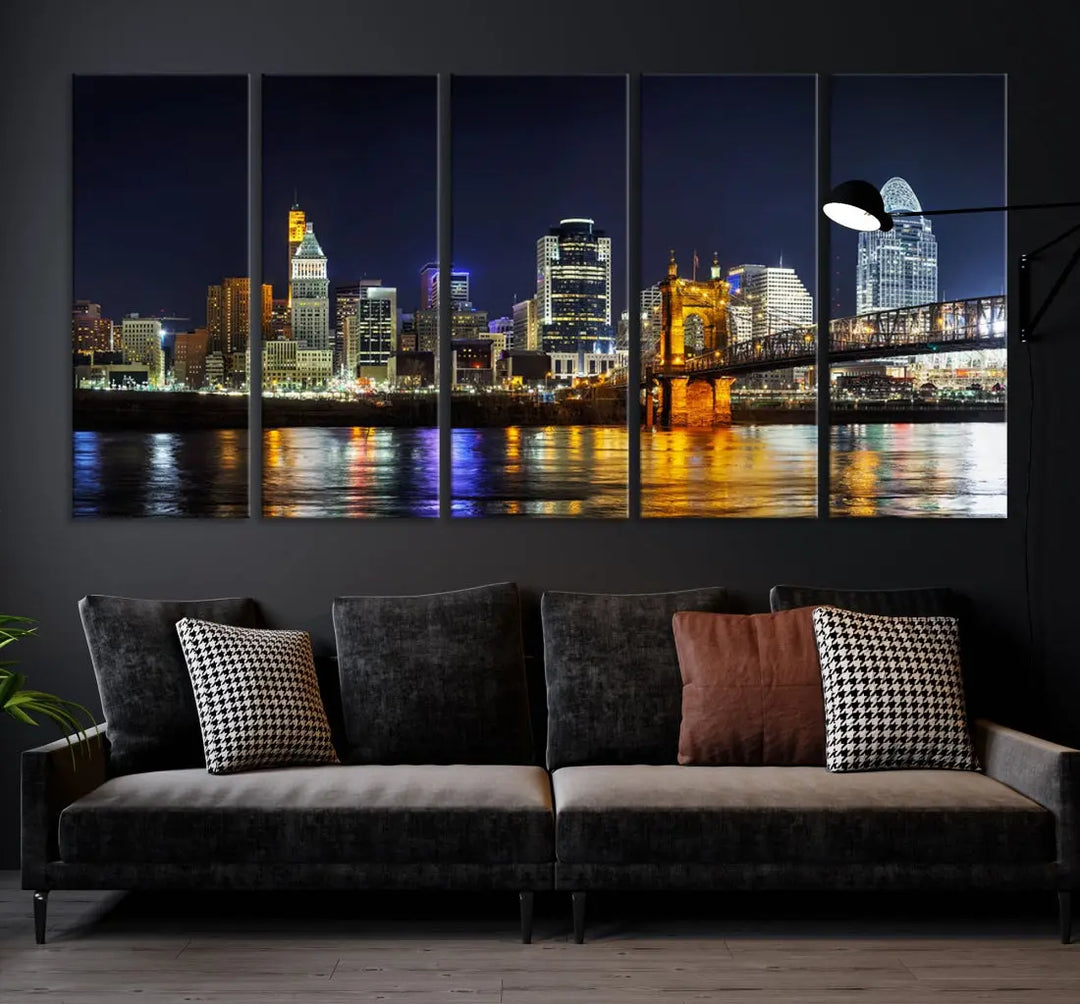 Cincinnati Night Blue Skyline Art Cityscape Canvas Print Living Room Decor