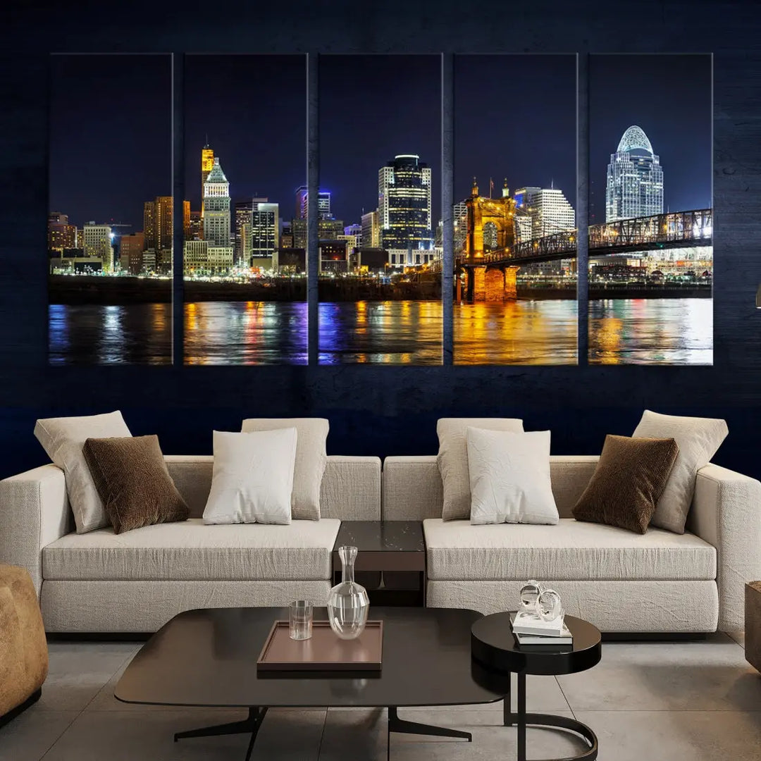 Cincinnati Night Blue Skyline Art Cityscape Canvas Print Living Room Decor