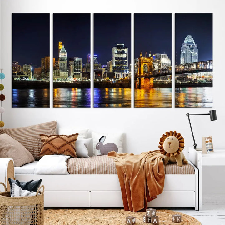 Cincinnati Night Blue Skyline Art Cityscape Canvas Print Living Room Decor