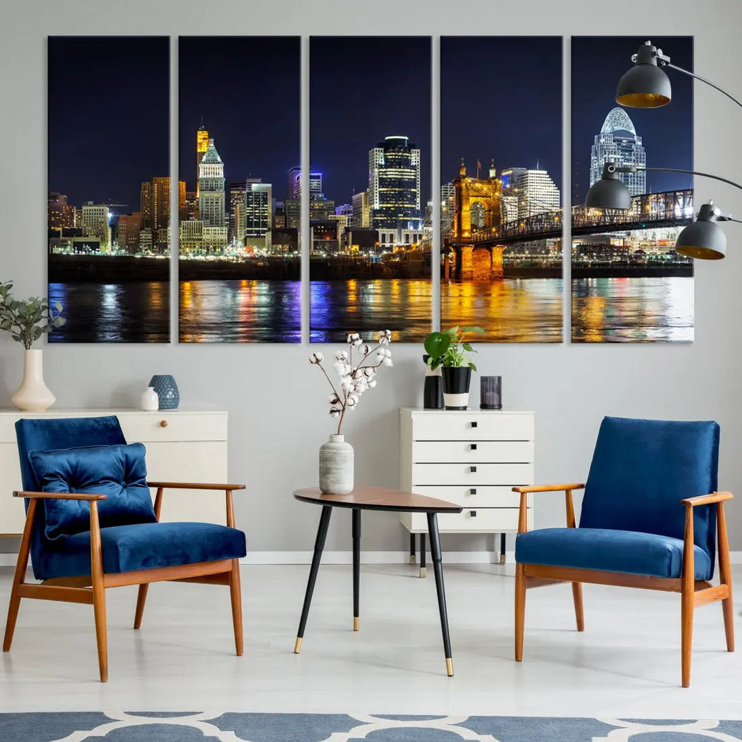 Cincinnati Night Blue Skyline Art Cityscape Canvas Print Living Room Decor