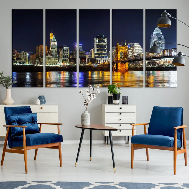 Cincinnati Night Blue Skyline Art Cityscape Canvas Print Living Room Decor