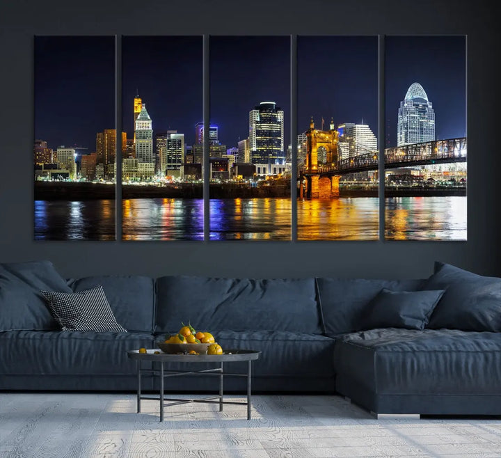 Cincinnati Night Blue Skyline Art Cityscape Canvas Print Living Room Decor