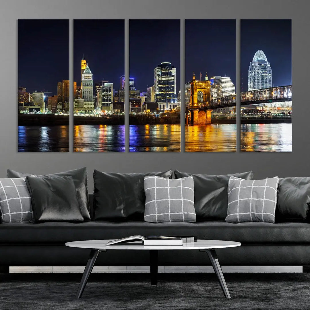 Cincinnati Night Blue Skyline Art Cityscape Canvas Print Living Room Decor