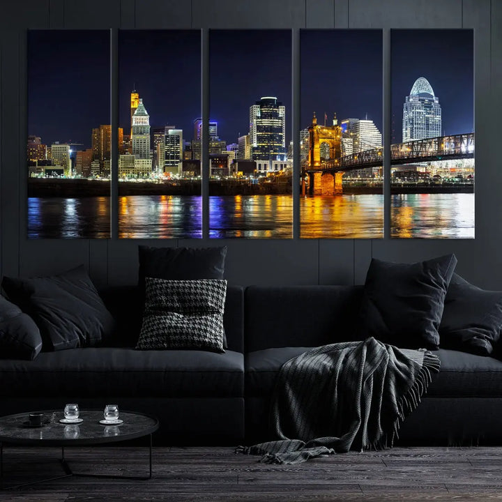 Cincinnati Night Blue Skyline Art Cityscape Canvas Print Living Room Decor