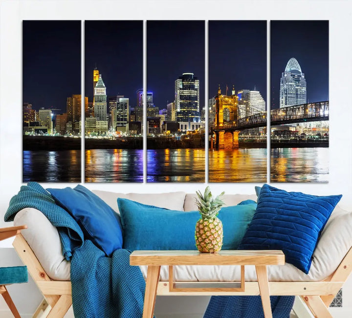 Cincinnati Night Blue Skyline Art Cityscape Canvas Print Living Room Decor