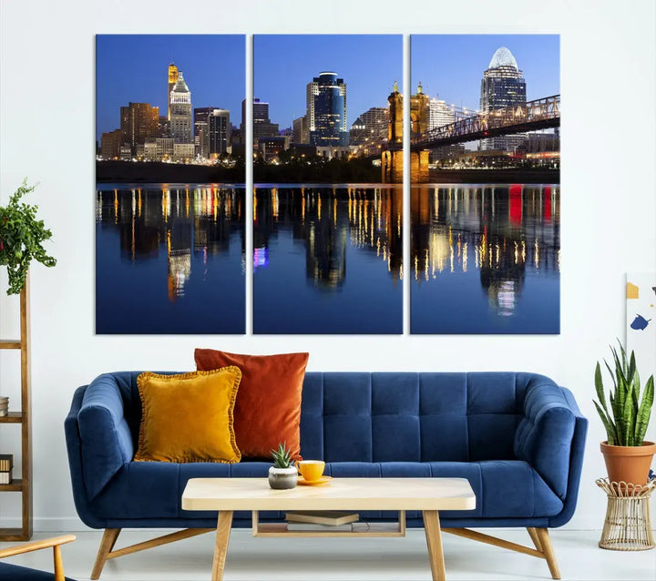 Cincinnati Night Skyline Reflections Large Cityscape Wall Art Canvas Print