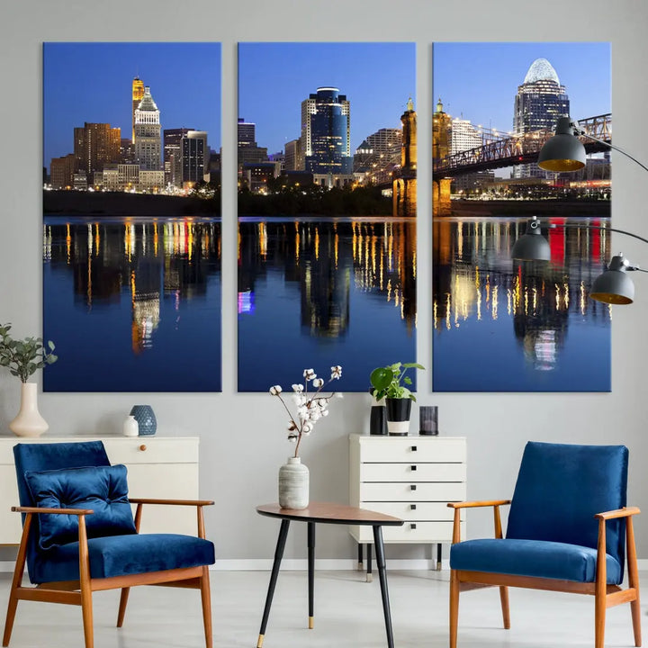 Cincinnati Night Skyline Reflections Large Cityscape Wall Art Canvas Print