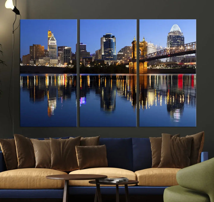 Cincinnati Night Skyline Reflections Large Cityscape Wall Art Canvas Print