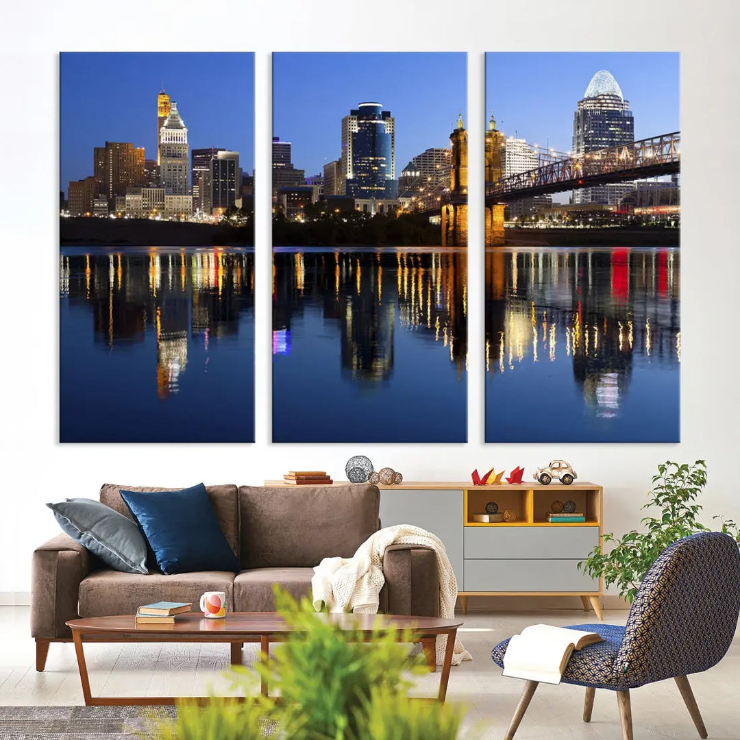 Cincinnati Night Skyline Reflections Large Cityscape Wall Art Canvas Print