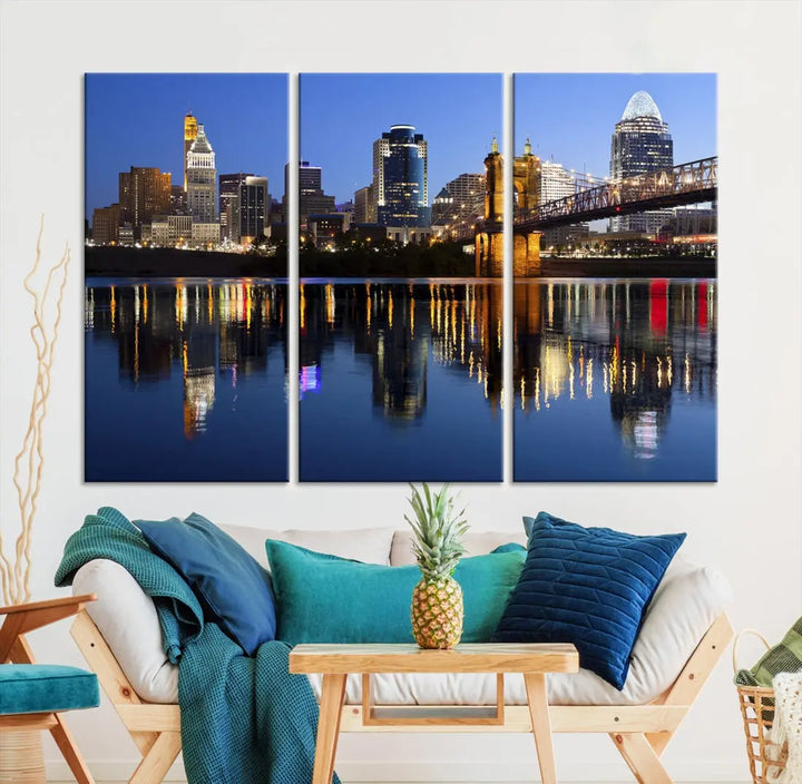 Cincinnati Night Skyline Reflections Large Cityscape Wall Art Canvas Print