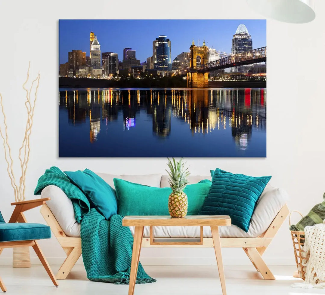 Cincinnati Night Skyline Reflections Large Cityscape Wall Art Canvas Print