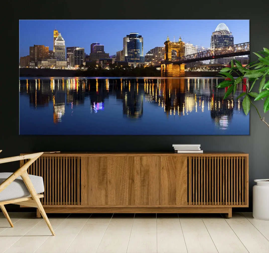 Cincinnati Night Skyline Reflections Large Cityscape Wall Art Canvas Print