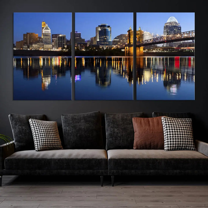 Cincinnati Night Skyline Reflections Large Cityscape Wall Art Canvas Print