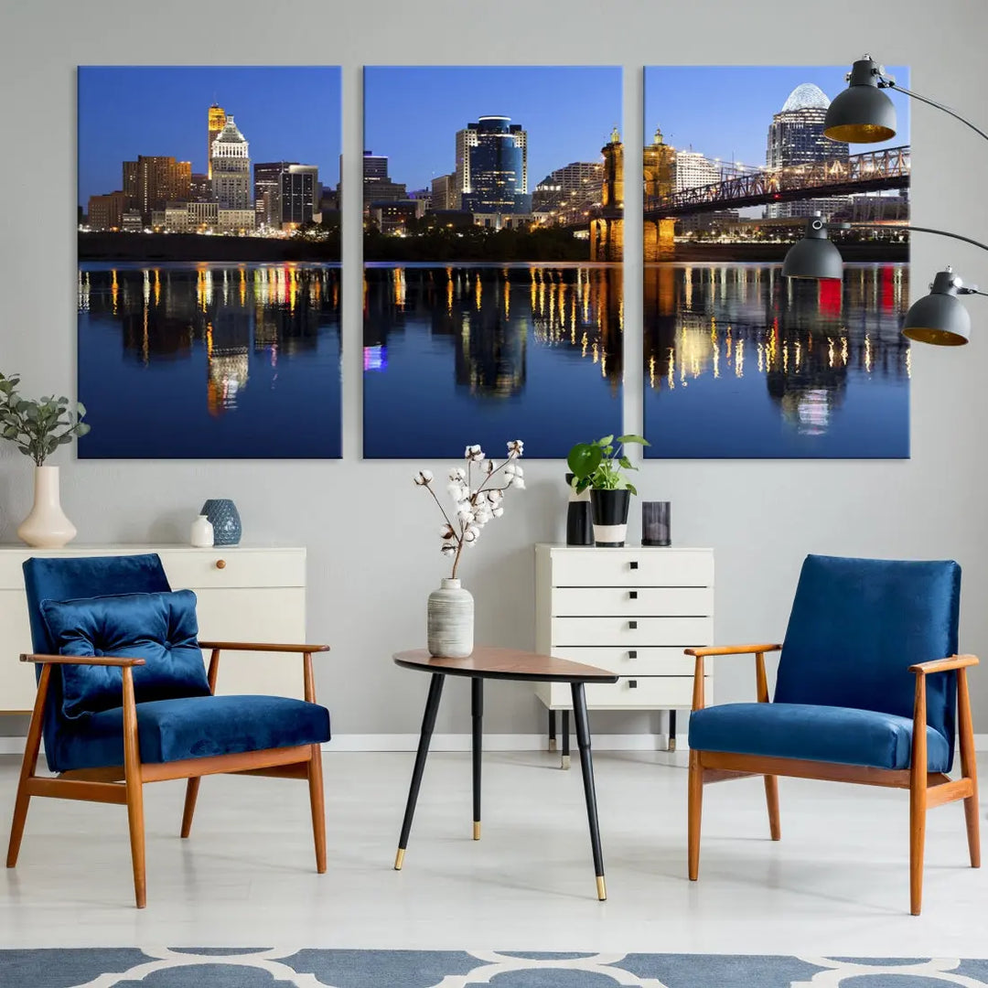 Cincinnati Night Skyline Reflections Large Cityscape Wall Art Canvas Print