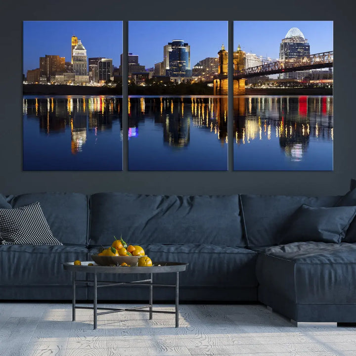 Cincinnati Night Skyline Reflections Large Cityscape Wall Art Canvas Print