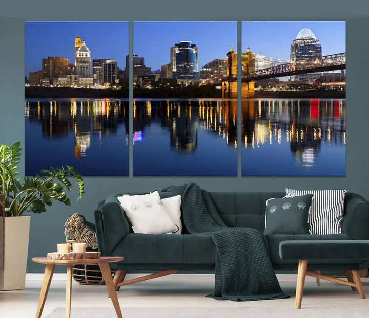 Cincinnati Night Skyline Reflections Large Cityscape Wall Art Canvas Print