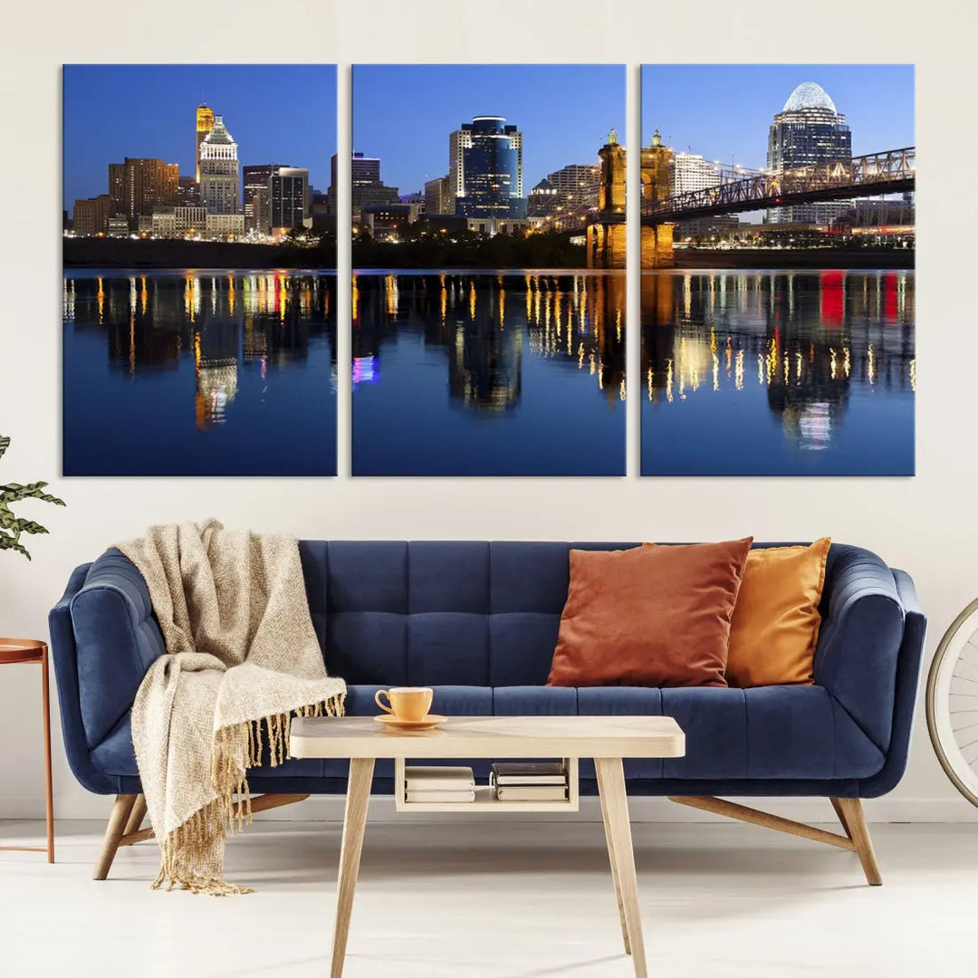 Cincinnati Night Skyline Reflections Large Cityscape Wall Art Canvas Print