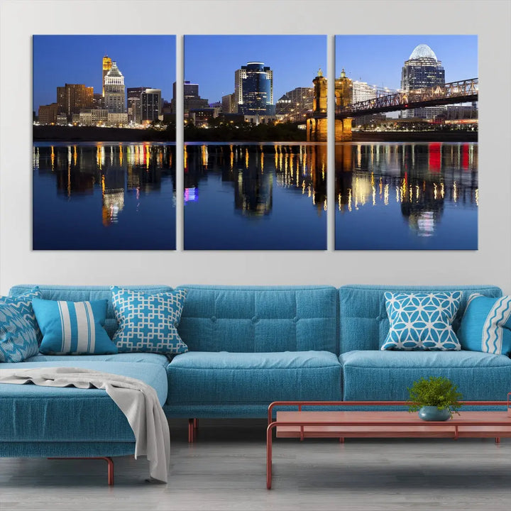 Cincinnati Night Skyline Reflections Large Cityscape Wall Art Canvas Print