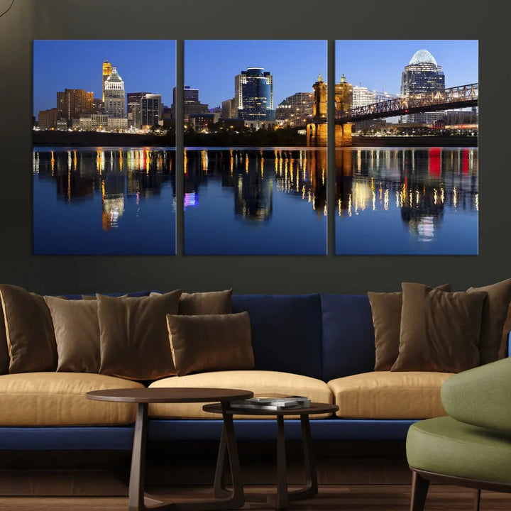 Cincinnati Night Skyline Reflections Large Cityscape Wall Art Canvas Print