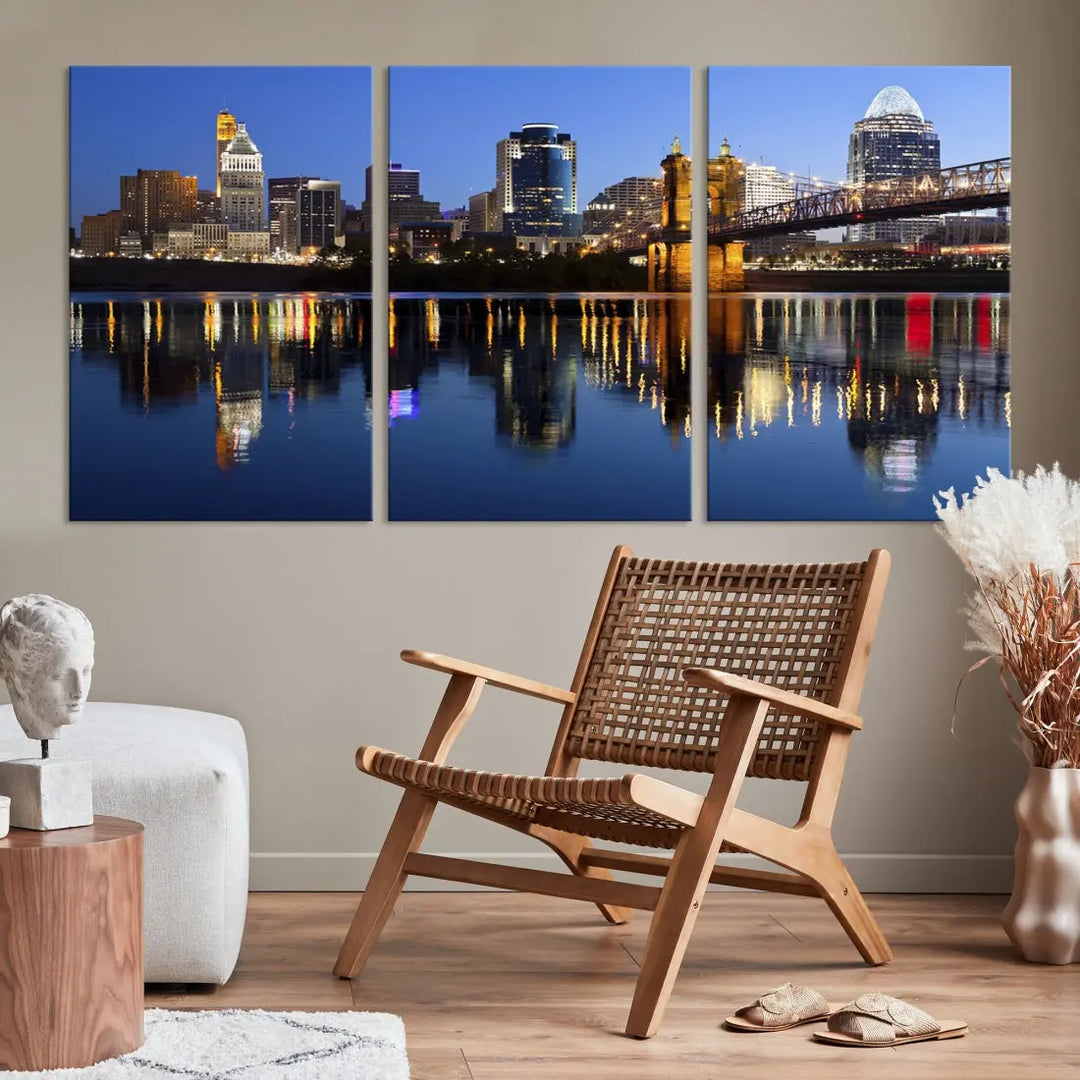 Cincinnati Night Skyline Reflections Large Cityscape Wall Art Canvas Print