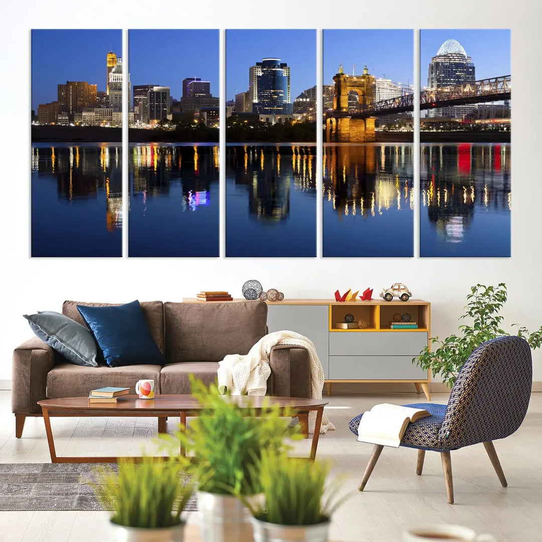 Cincinnati Night Skyline Reflections Large Cityscape Wall Art Canvas Print