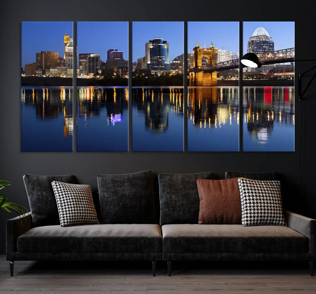 Cincinnati Night Skyline Reflections Large Cityscape Wall Art Canvas Print