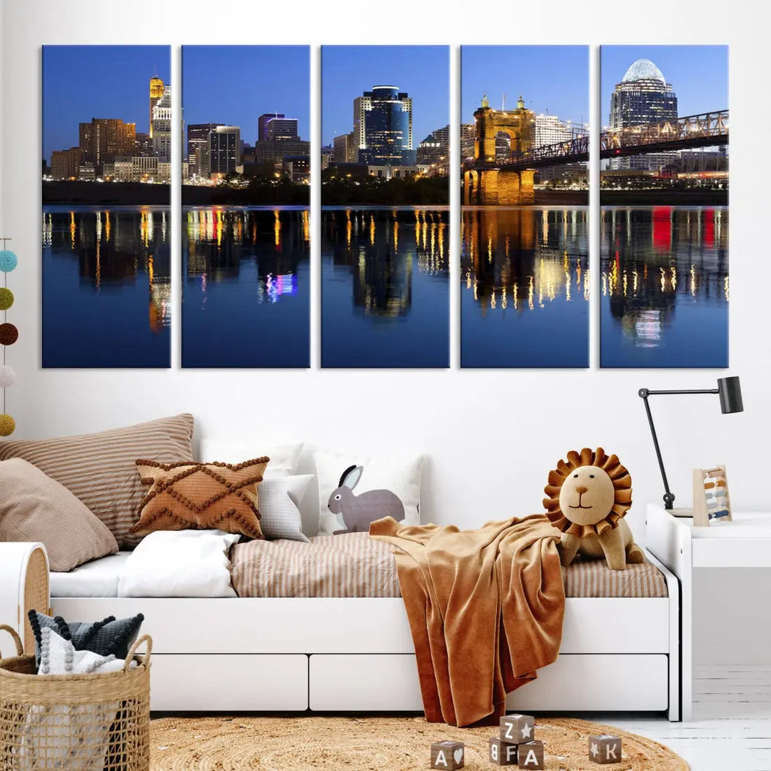 Cincinnati Night Skyline Reflections Large Cityscape Wall Art Canvas Print