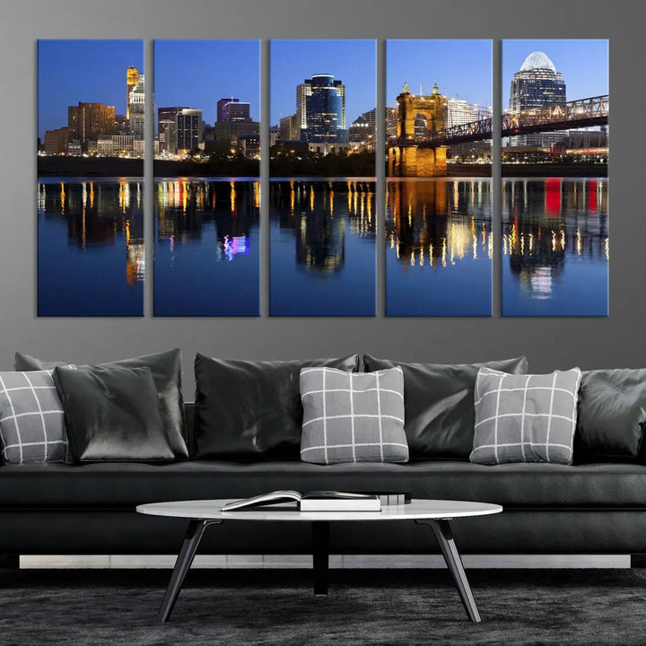 Cincinnati Night Skyline Reflections Large Cityscape Wall Art Canvas Print