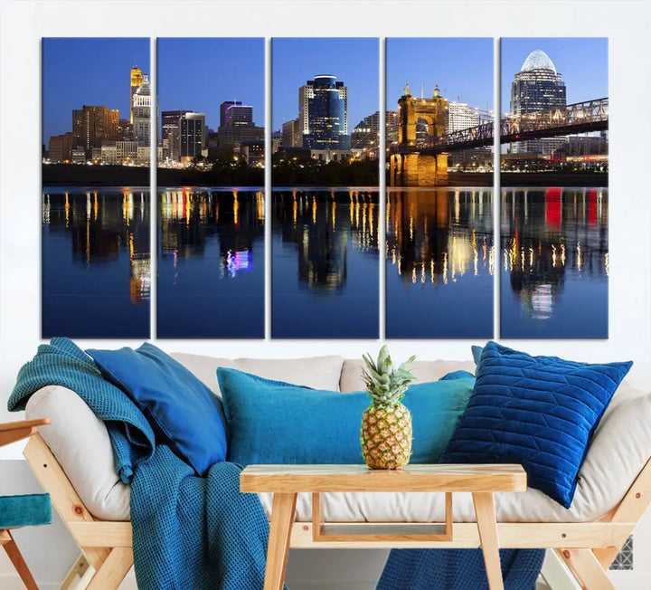 Cincinnati Night Skyline Reflections Large Cityscape Wall Art Canvas Print