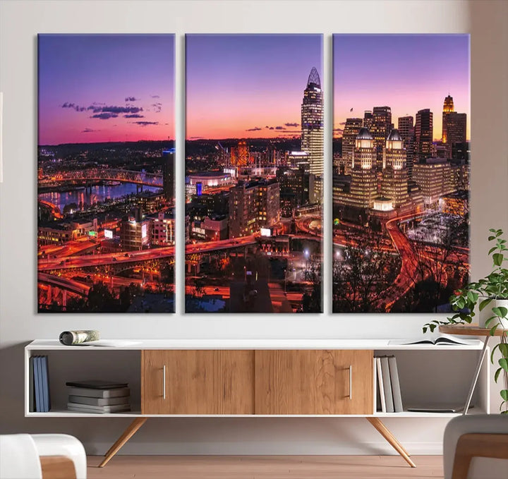 Cincinnati Red Purple Sunset Skyline Cityscape Wall Art Canvas Print