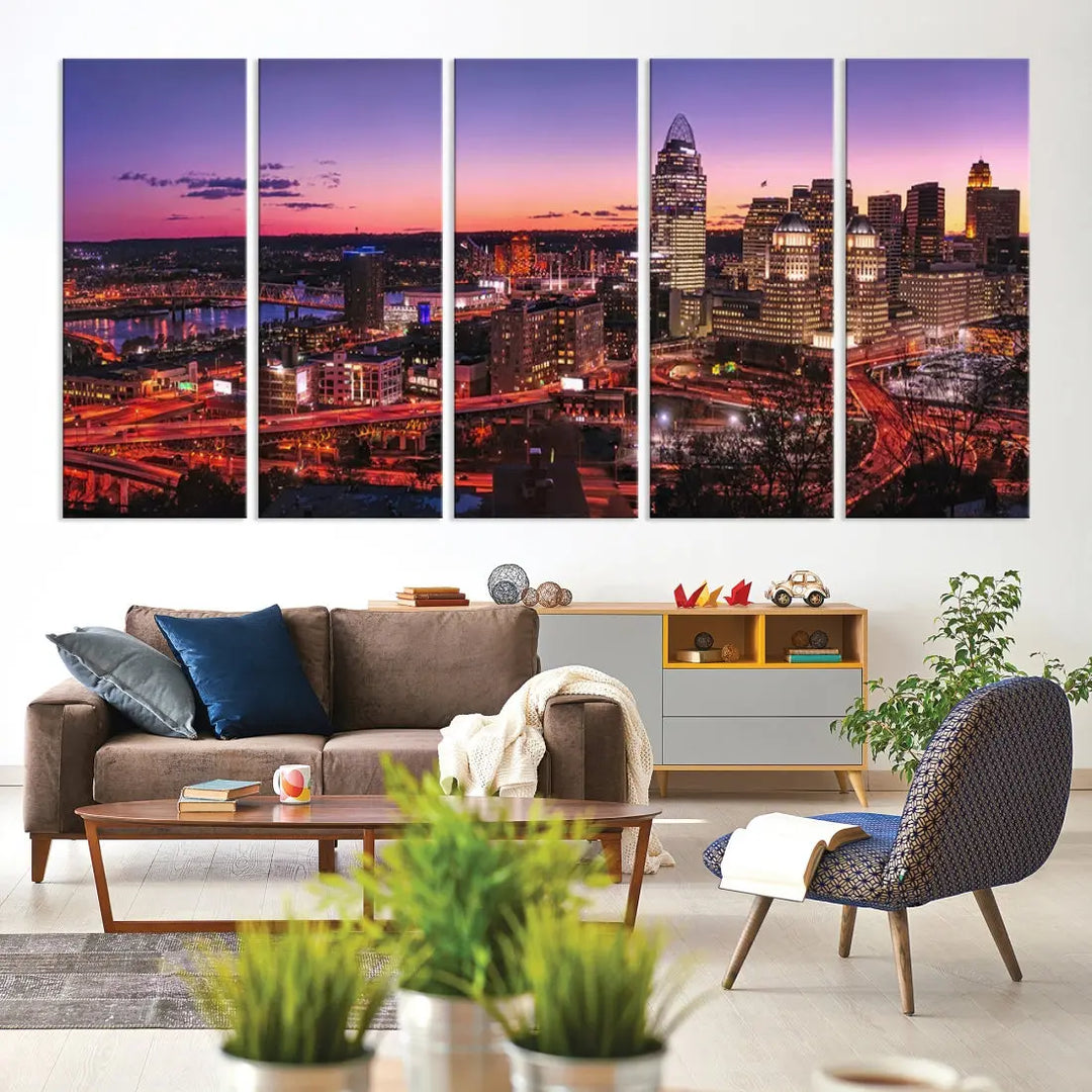 Cincinnati Red Purple Sunset Skyline Cityscape Wall Art Canvas Print