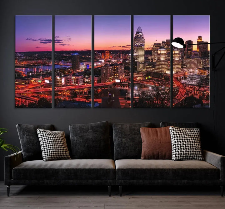 Cincinnati Red Purple Sunset Skyline Cityscape Wall Art Canvas Print