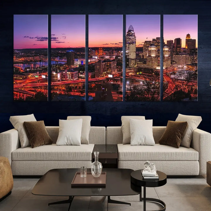 Cincinnati Red Purple Sunset Skyline Cityscape Wall Art Canvas Print